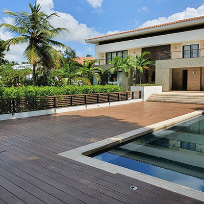 Elevate Your US Pool Area: Dark Brown WPC Flooring by Jiuqiang – Understated Luxury Meets Durability